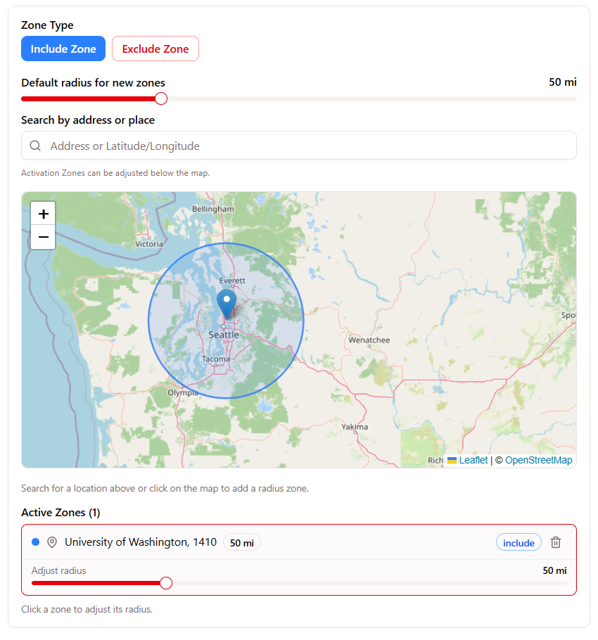Radius geofence builder inside the Manifold campaign wizard. Set a center address and a radius in miles, include or exclude